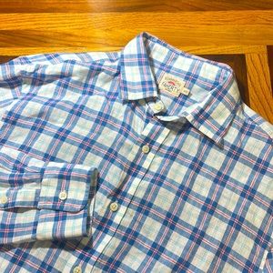 Faherty mens M Medium blue plaid 100% linen button up casual beach shirt EUC